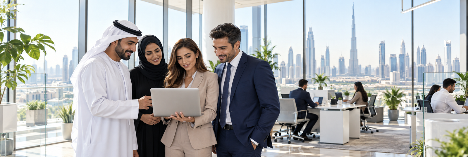 Business colleagues collaborating around a laptop in a bright Dubai office
